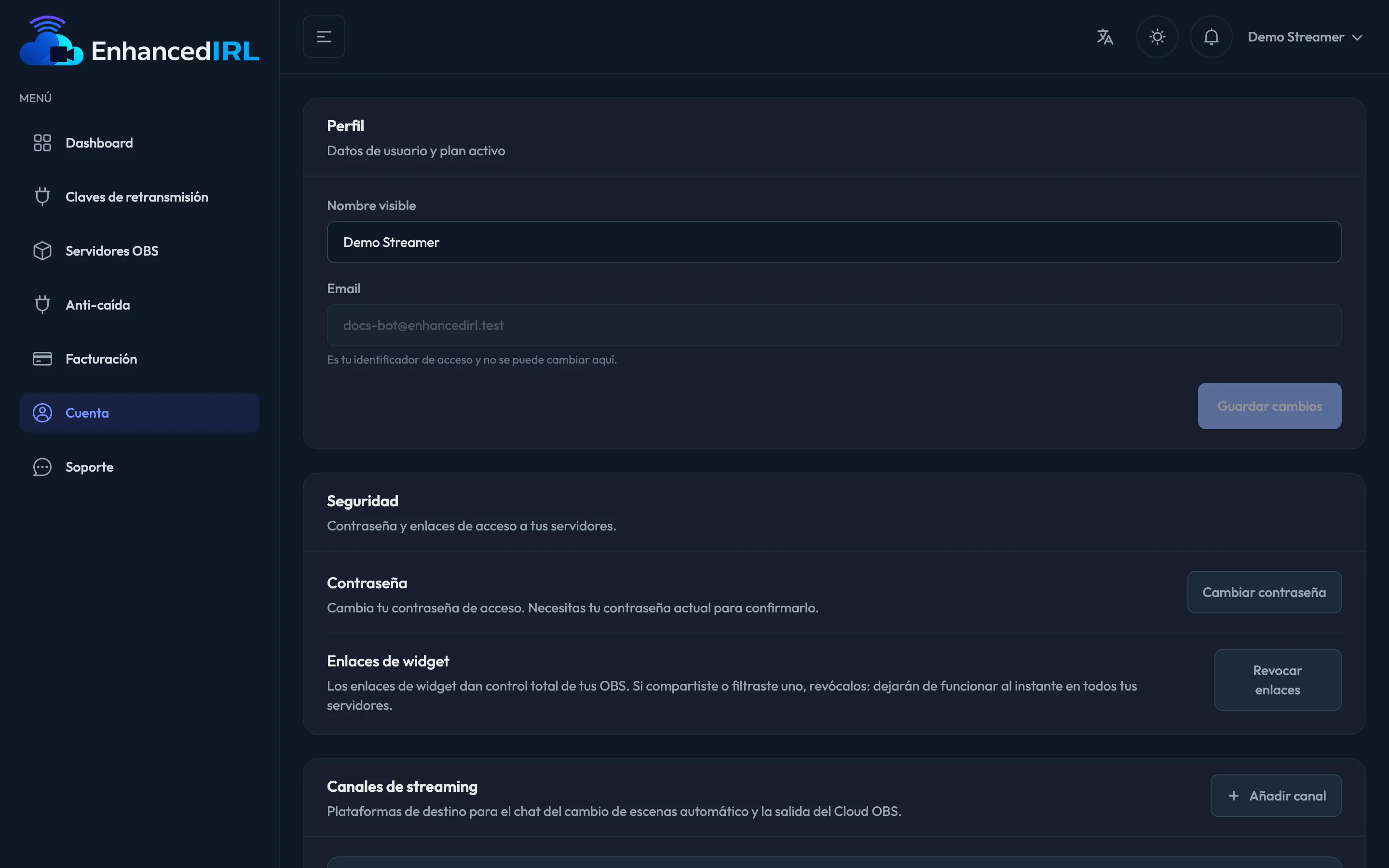 La sección Canales de streaming en Cuenta, donde se da de alta la plataforma de destino