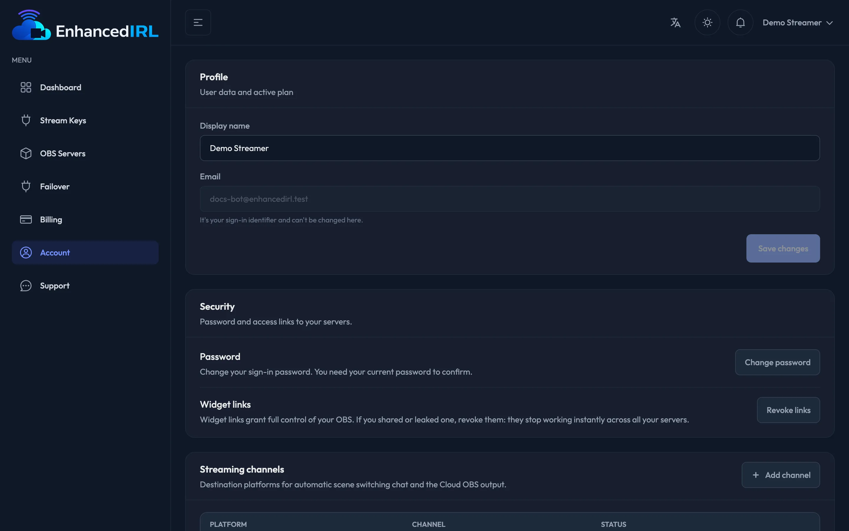 The Streaming channels section in Account, where you add your destination platform