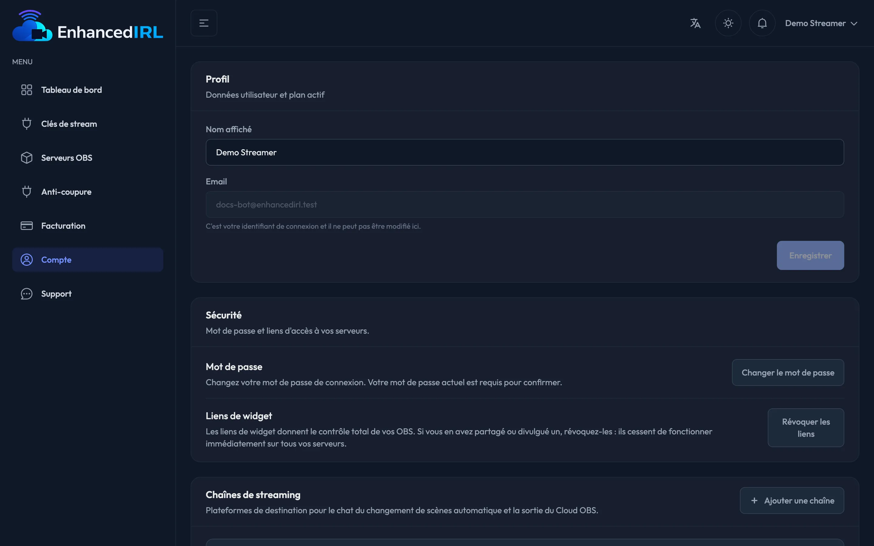 La section Chaînes de streaming dans Compte, où tu ajoutes ta plateforme de destination