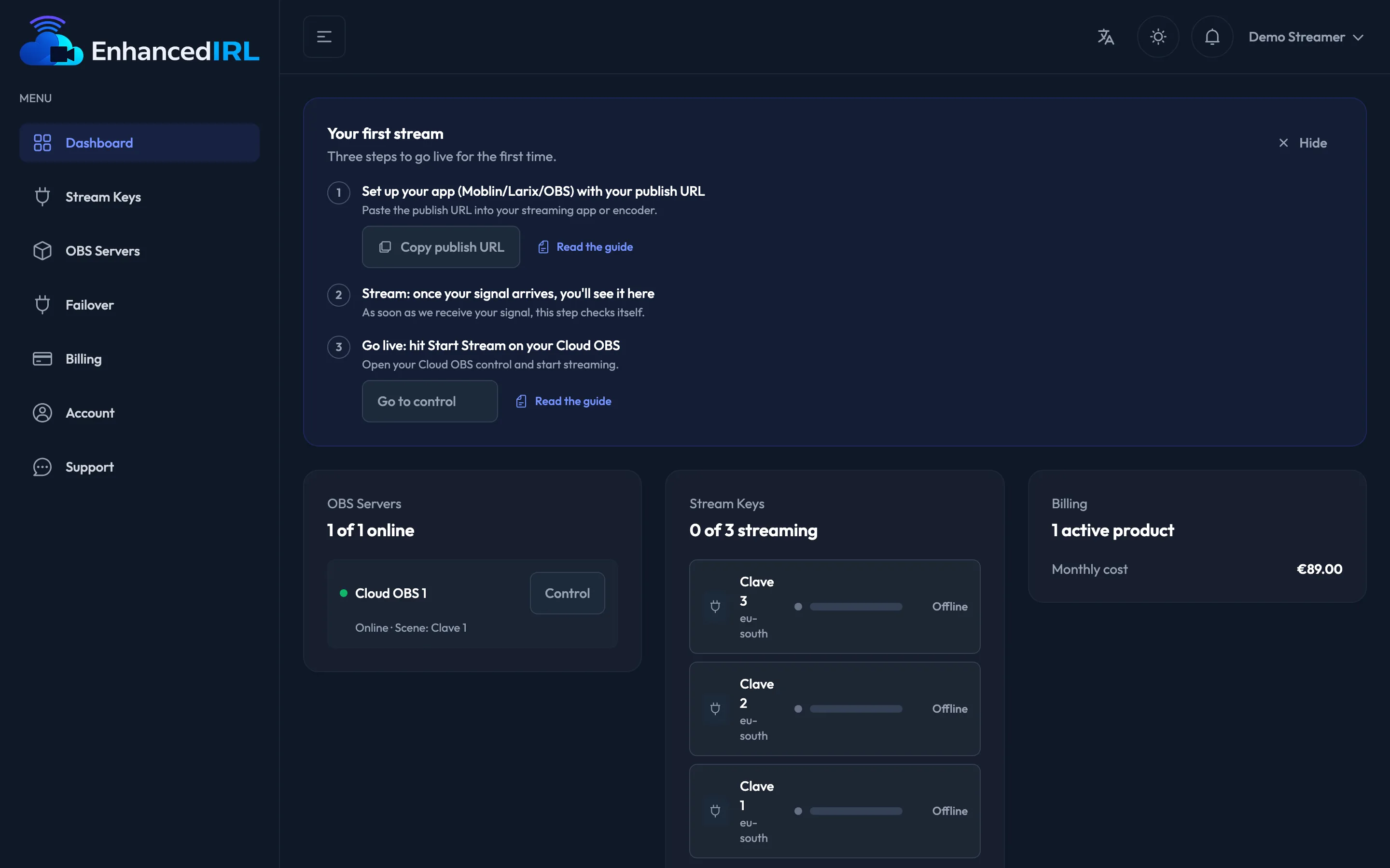 The Enhanced IRL dashboard with your keys and the state of your feed