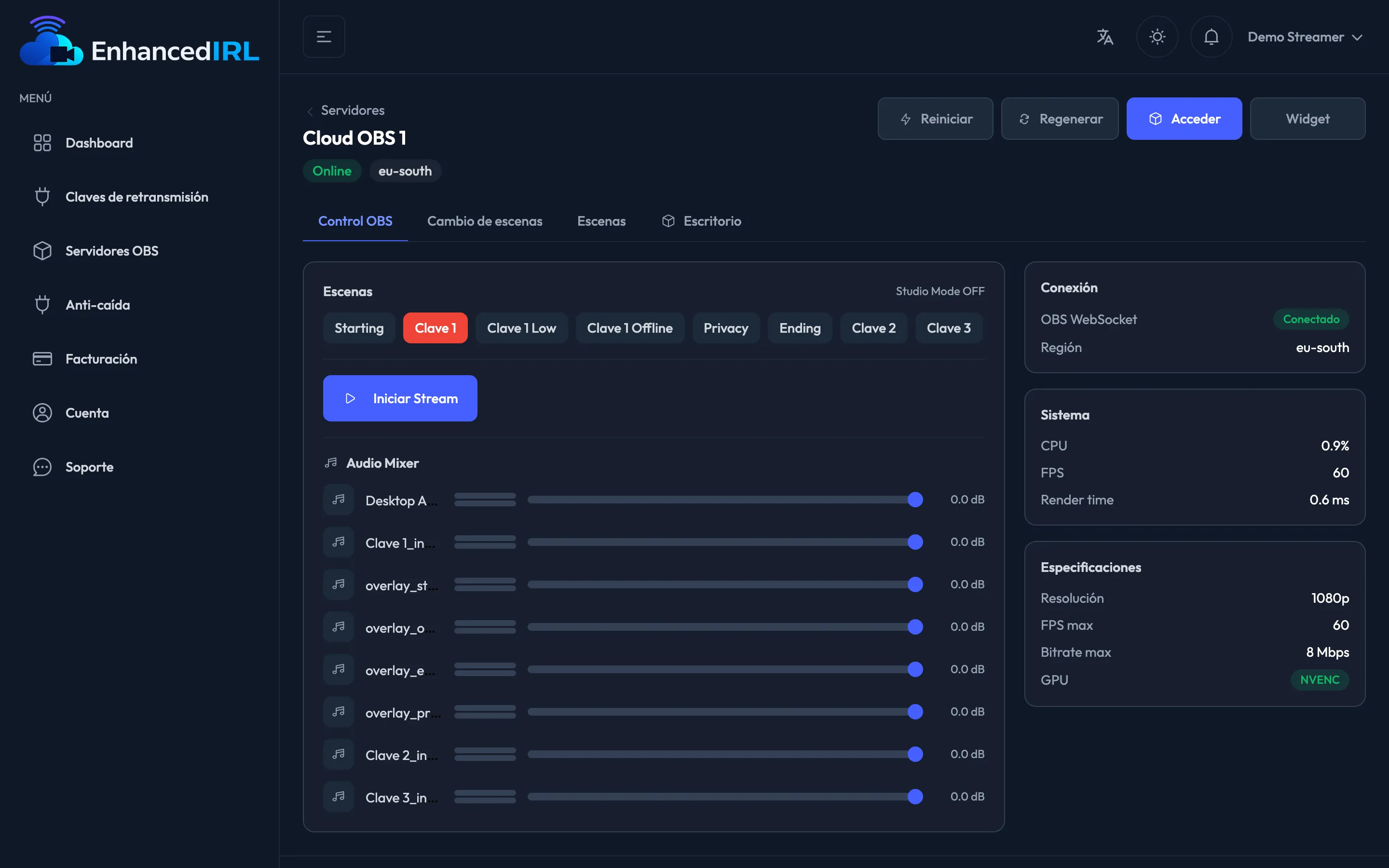 El panel de control web del Cloud OBS