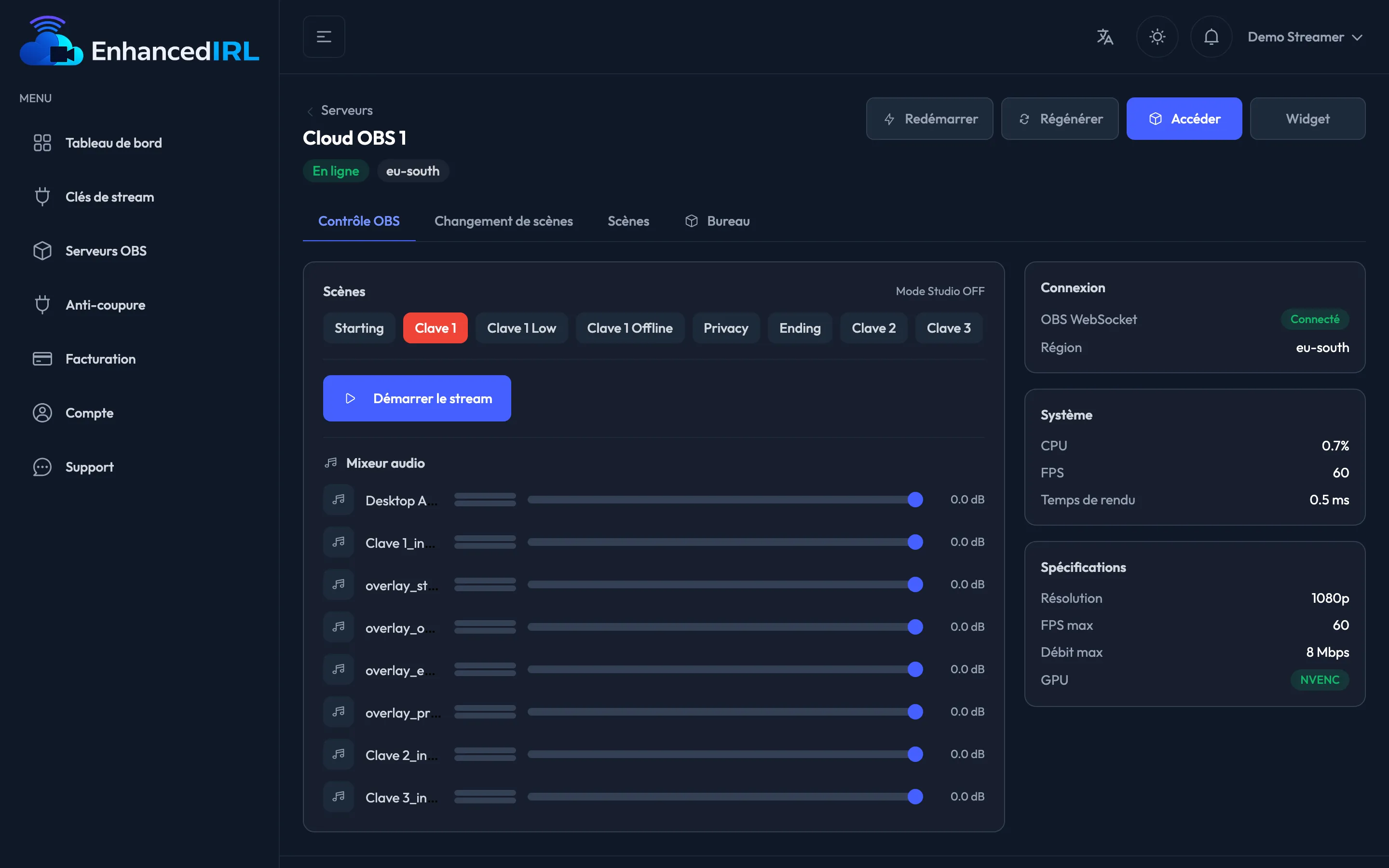 Le panneau de contrôle web du Cloud OBS