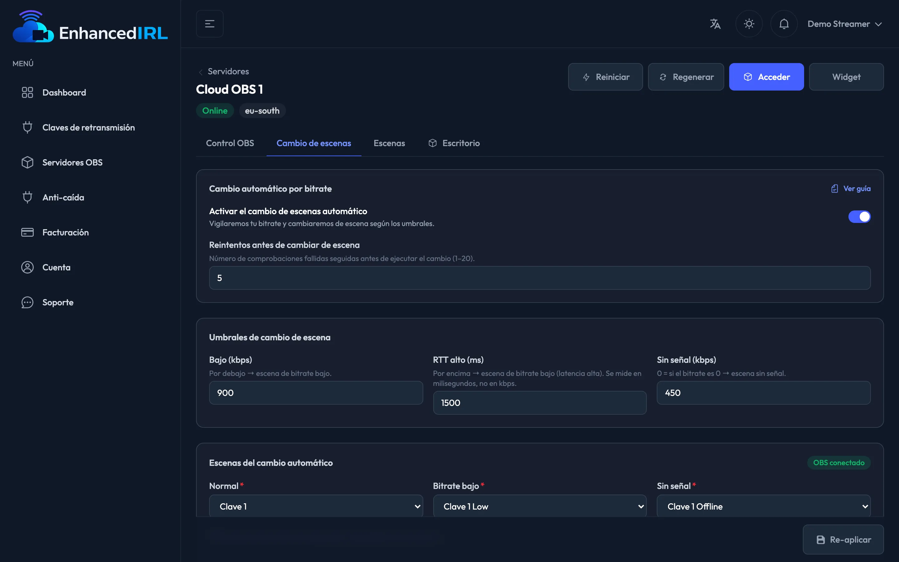 La pestaña Cambio de escenas del Cloud OBS, con los umbrales y las escenas