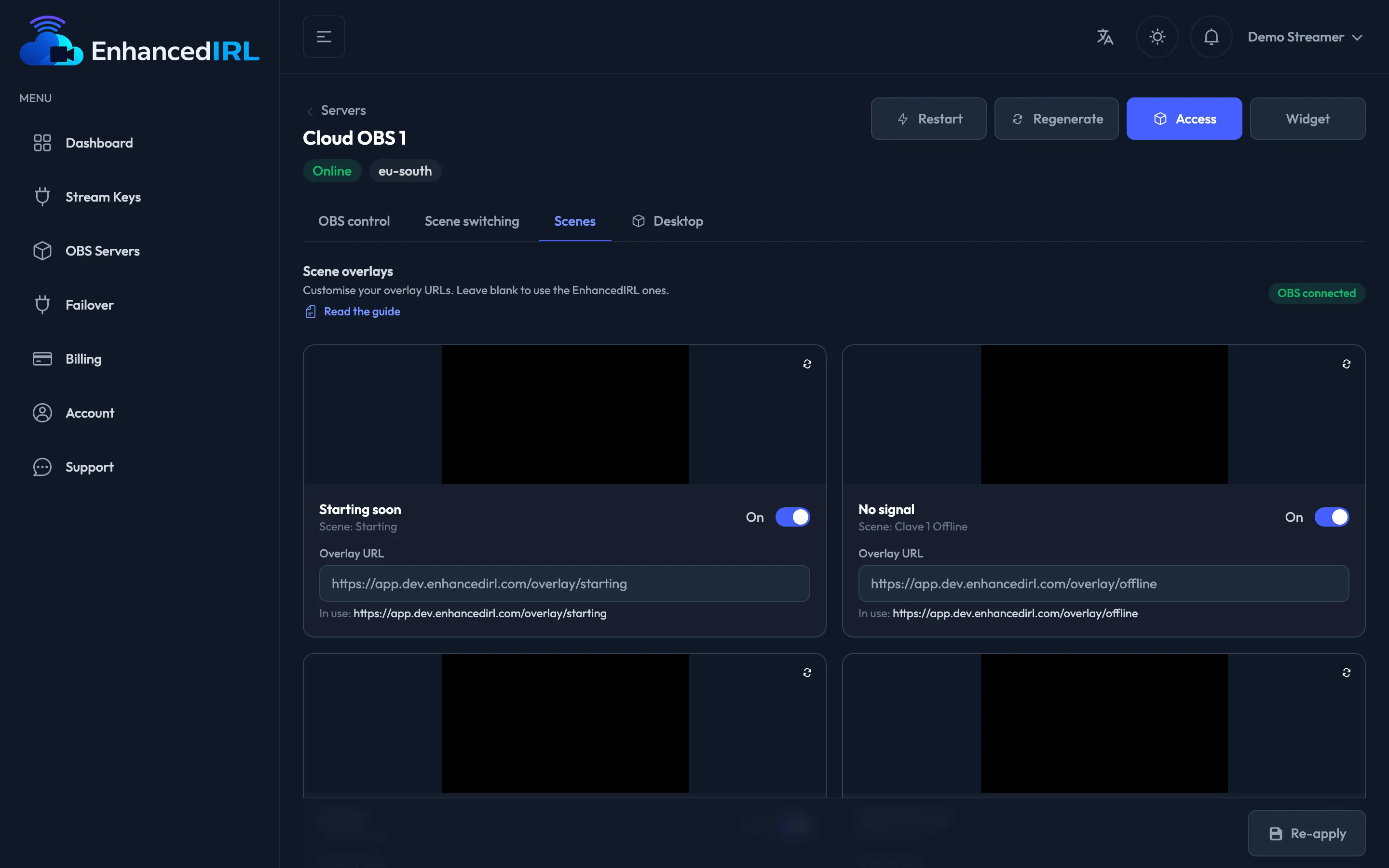 The Scenes tab with the four overlays and their preview