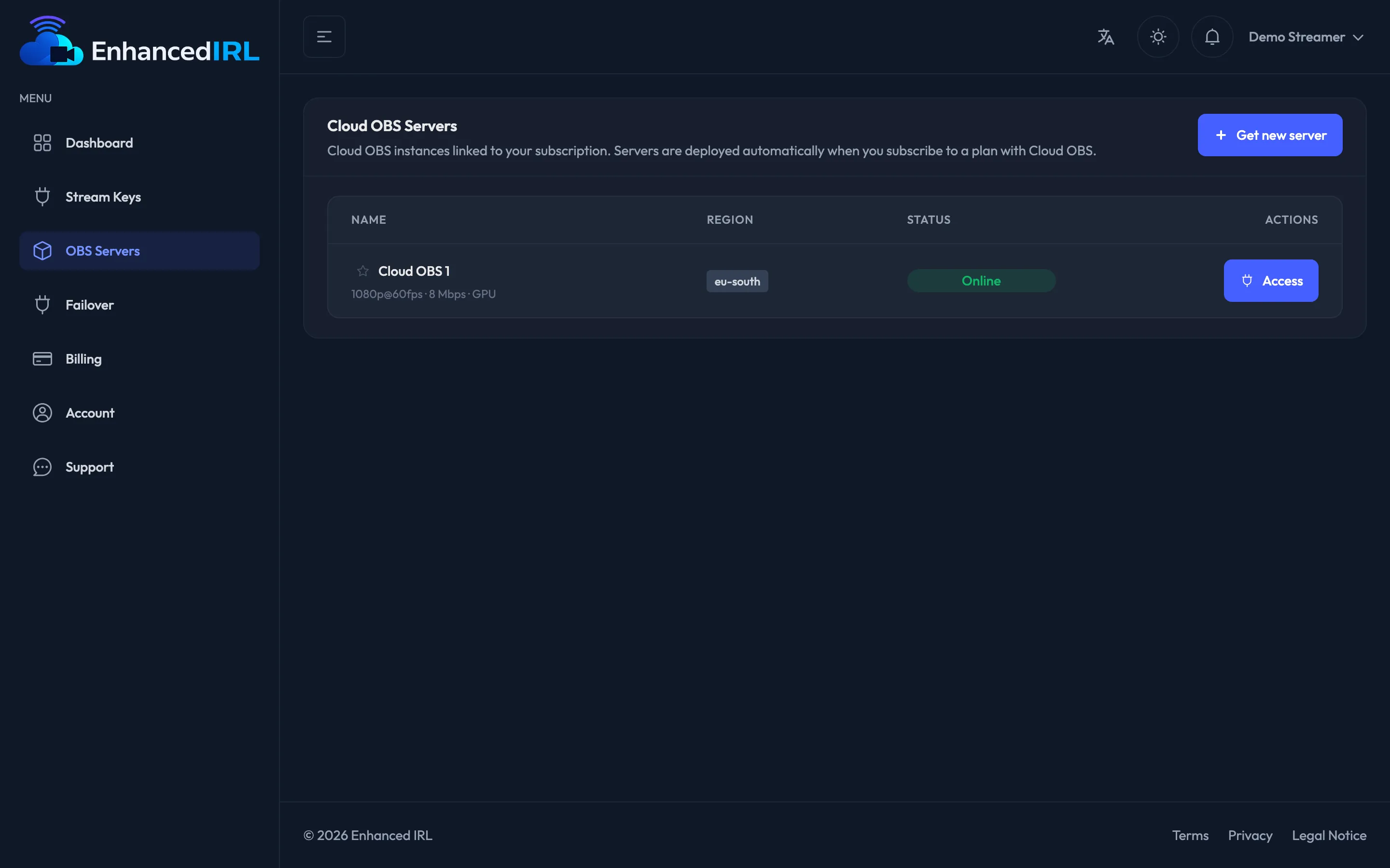 The Cloud OBS servers list with their status
