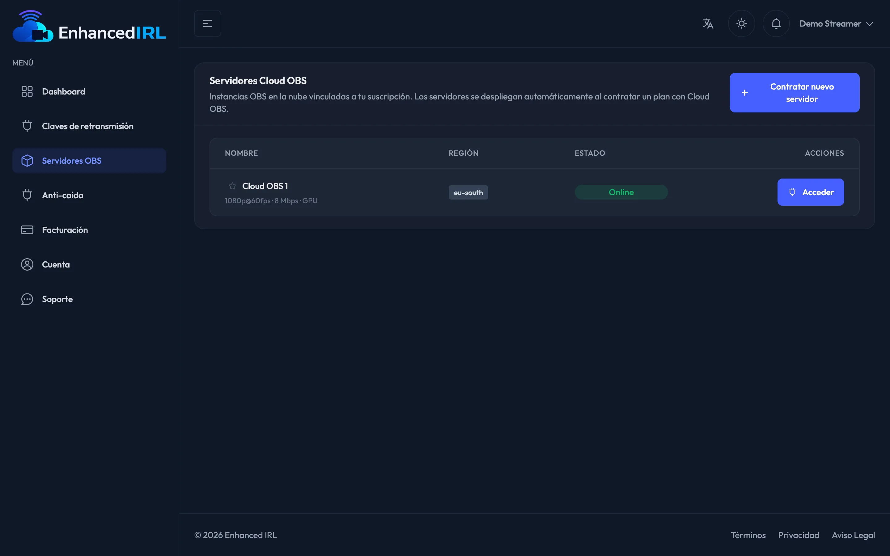 La lista de servidores Cloud OBS con su estado