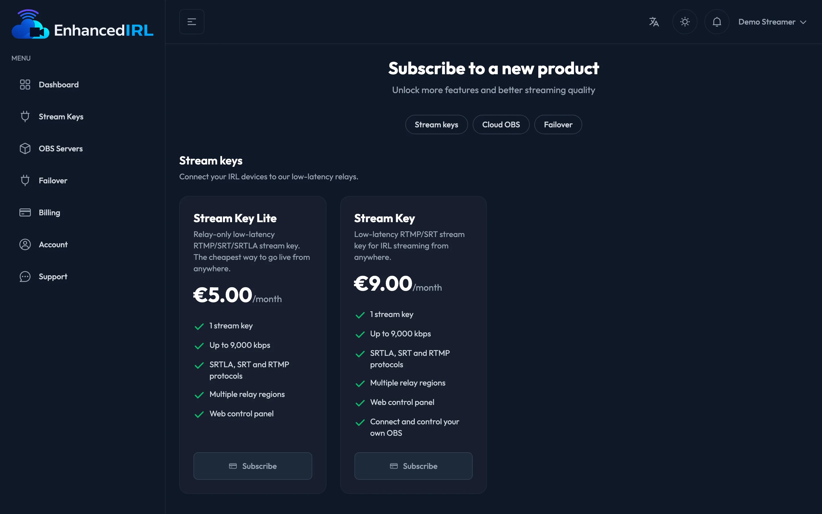 The plans screen in the dashboard, by category