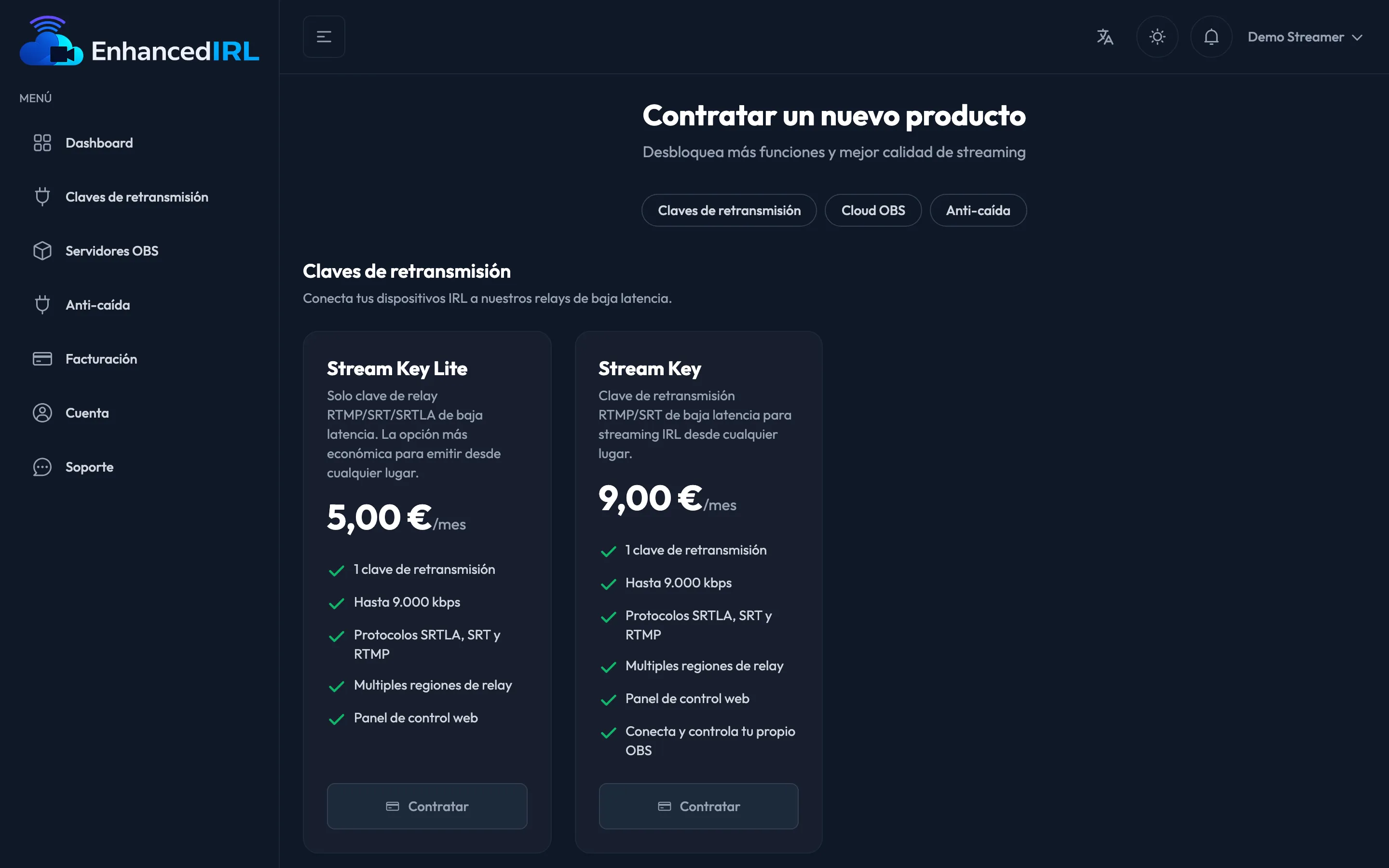 La pantalla de planes del panel, por categorías