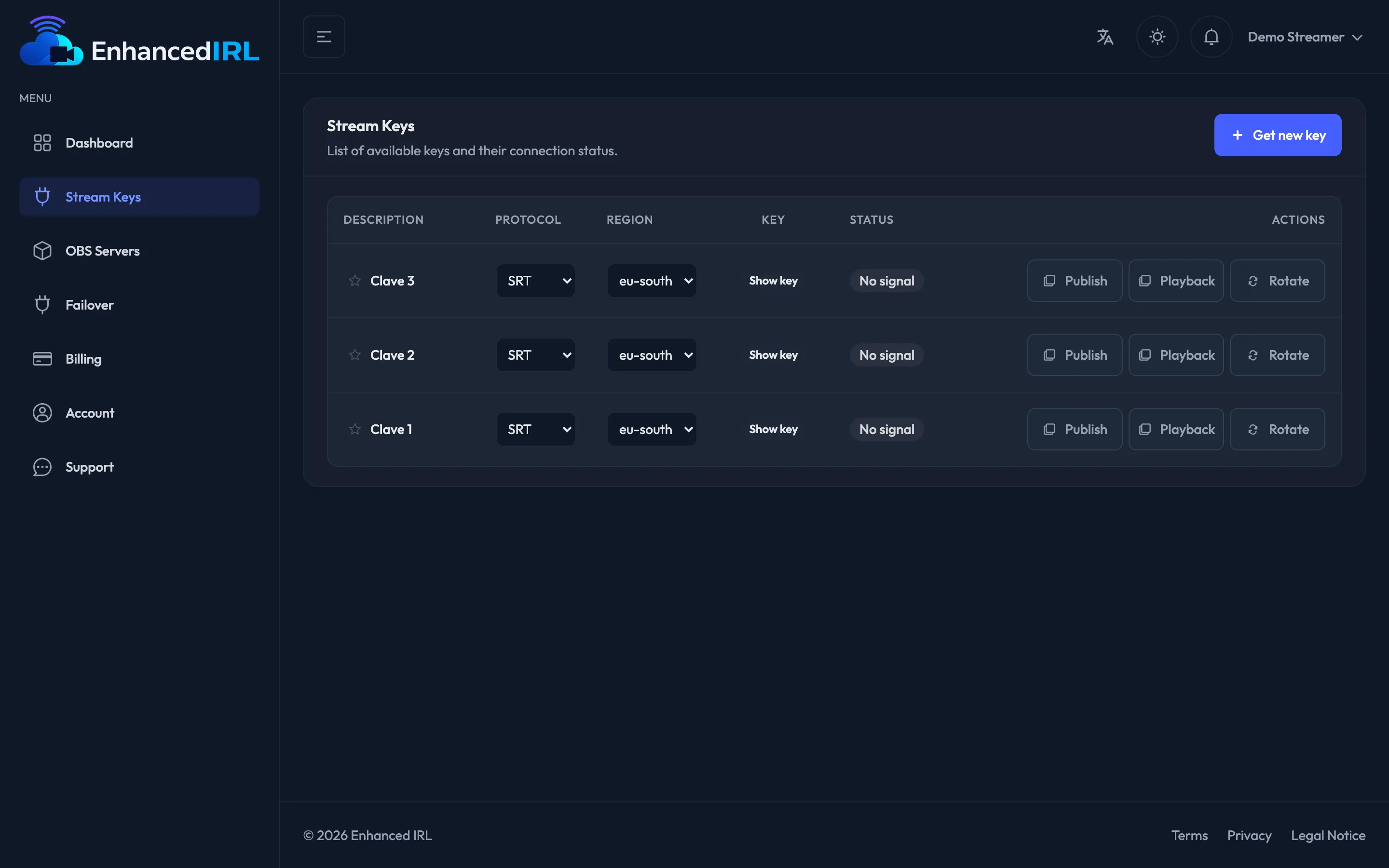 The stream keys list, with protocol, region and the Publish and Playback buttons